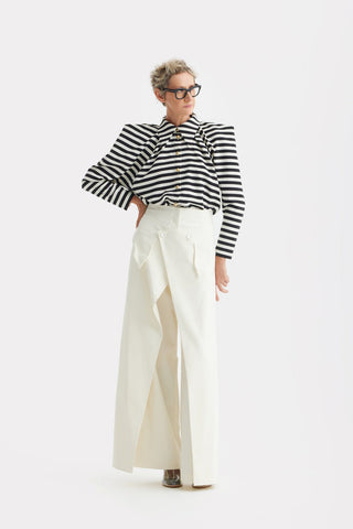 High-Waisted Cotton Wrap Trousers , Skirt Effect - Ivory - Julia Allert