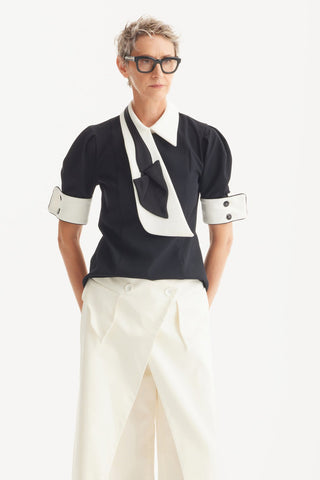High-Waisted Cotton Wrap Trousers , Skirt Effect - Ivory - Julia Allert