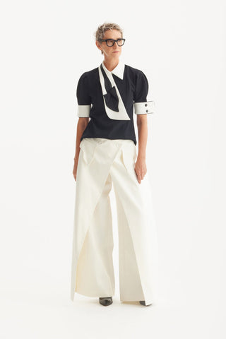 High-Waisted Cotton Wrap Trousers , Skirt Effect - Ivory - Julia Allert
