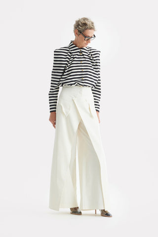 High-Waisted Cotton Wrap Trousers , Skirt Effect - Ivory - Julia Allert
