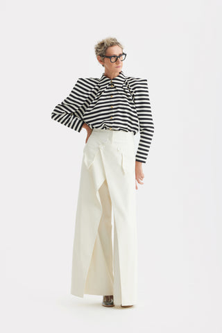High-Waisted Cotton Wrap Trousers , Skirt Effect - Ivory