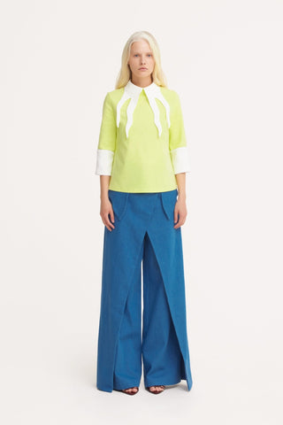 High-Waisted Denim Wrap Trousers, Skirt Effect - Blue - Julia Allert