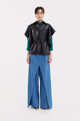 High-Waisted Denim Wrap Trousers, Skirt Effect - Blue - Julia Allert
