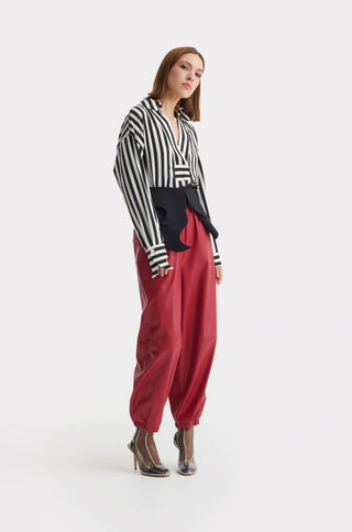 High-Waisted Wide Leg Faux Leather Joggers Red