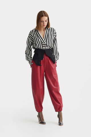 High-Waisted Wide Leg Faux Leather Joggers Red