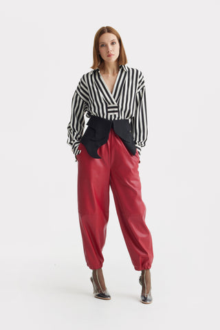 High-Waisted Wide Leg Faux Leather Joggers Red