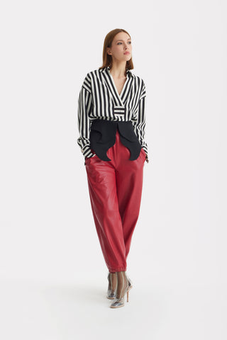 High-Waisted Wide Leg Faux Leather Joggers Red