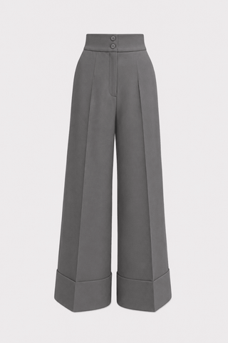 High-Waisted Wide-Leg Pants With Cuffs - Grey - Julia Allert