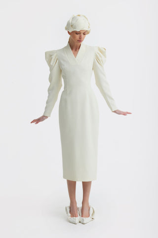 Crepe Midi Dress With Statement Sleeves – Ivory