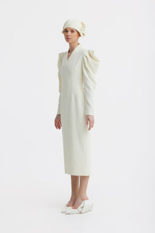 Crepe Midi Dress With Statement Sleeves – Ivory