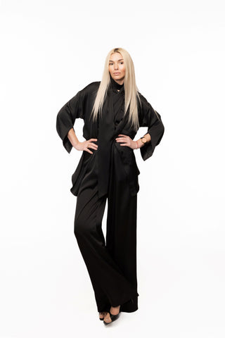 Satin Wide-Leg Pants With Ruffled Waist Black