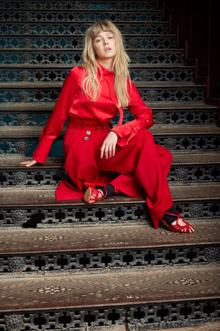 Wide Leg Trousers With Skirt Overlay Red
