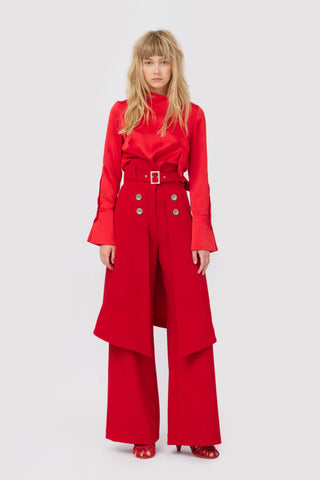 Wide Leg Trousers With Skirt Overlay Red