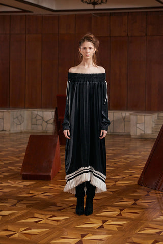 Knit Bare Shoulder Midi Dress Asymmetric Hem Black - Julia Allert