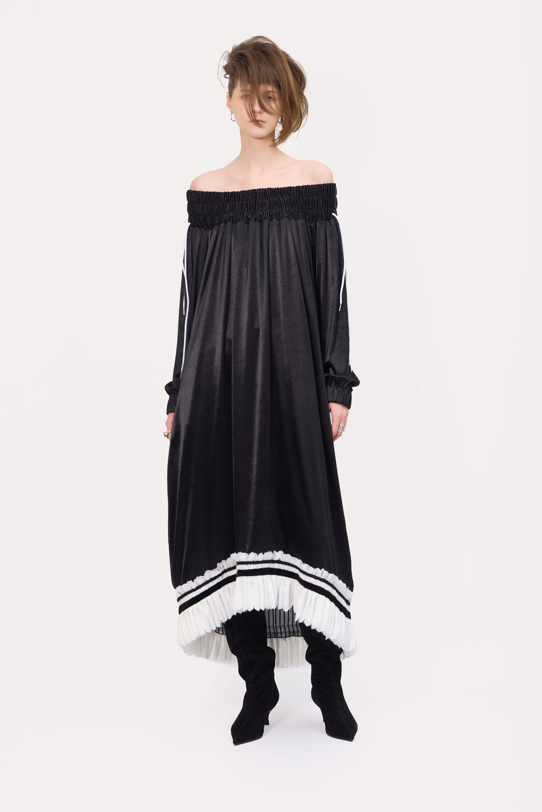 Knit Bare Shoulder Midi Dress Asymmetric Hem Black xl Knit Bare Shoulder Midi Dress Asymmetric Hem Black xl