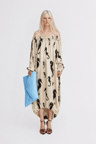 Light Beige Off-Shoulder Seahorse Loose-Fit Dress – Capsule Edition