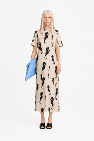Light Beige Seahorse Print A-Line Midi Dress - Capsule Edition - Julia Allert
