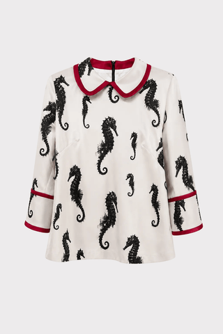 Light Beige Seahorse Print Blouse With Cuffs – Capsule Edition - Julia Allert