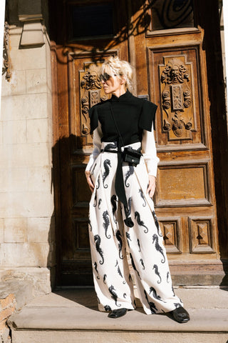 Light Beige Seahorse Print Wide Leg Trousers With Belt – Capsule Edition - Julia Allert