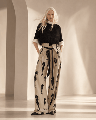 Light Beige Seahorse Print Wide Leg Trousers With Belt – Capsule Edition - Julia Allert