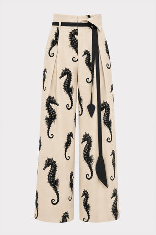 Light Beige Seahorse Print Wide Leg Trousers With Belt – Capsule Edition - Julia Allert