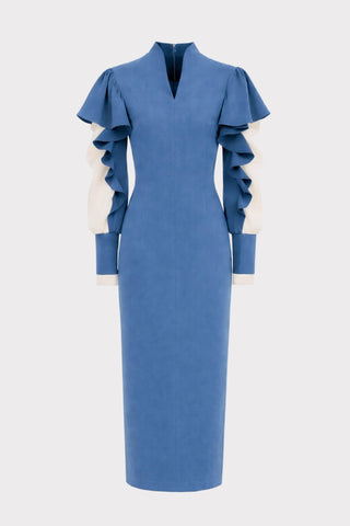Light Blue Occasion Midi Dress With Ruffled Sleeves - Julia Allert