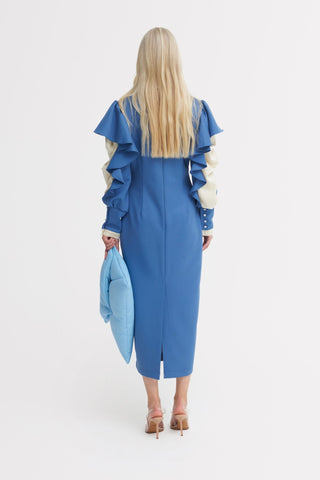 Light Blue Occasion Midi Dress With Ruffled Sleeves - Julia Allert