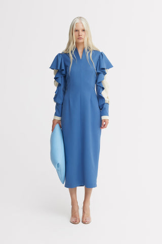 Light Blue Occasion Midi Dress With Ruffled Sleeves