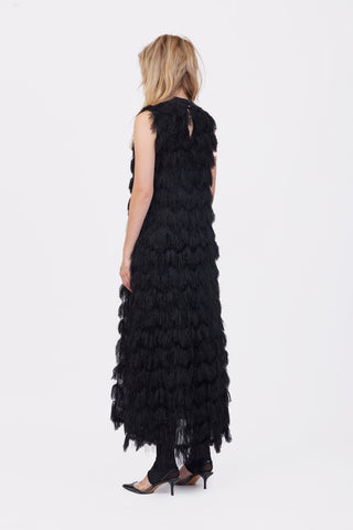 Long Evening Gown A-Line Fringe Dress Black