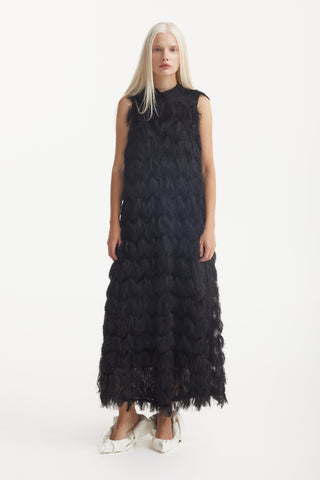 Long Evening Gown A-Line Fringe Dress Black