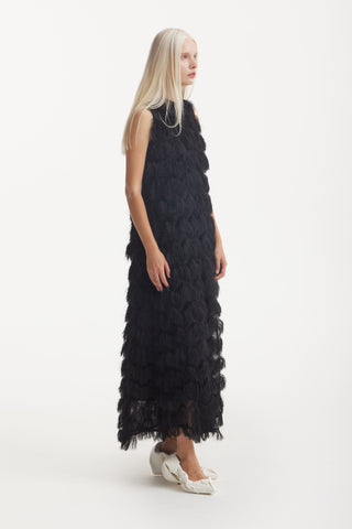 Long Evening Gown A-Line Fringe Dress Black