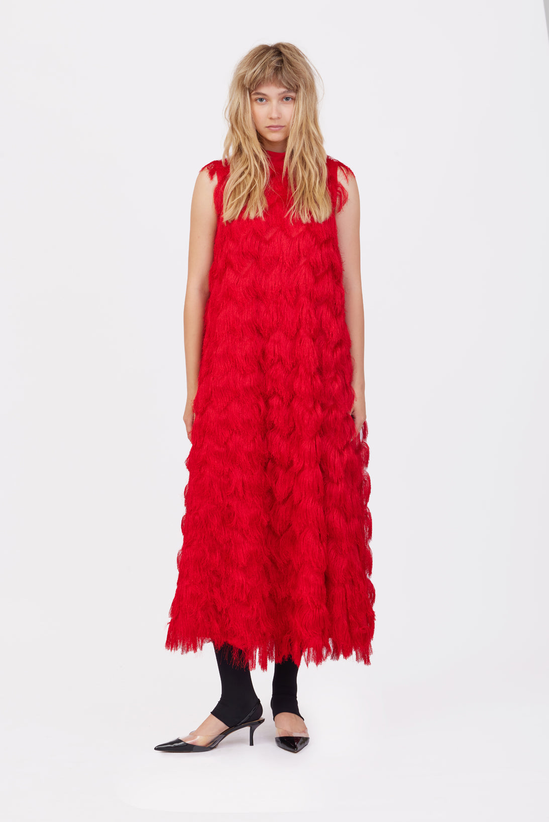 Long Evening Gown A-Line Fringe Dress Red L Long Evening Gown A-Line Fringe Dress Red L