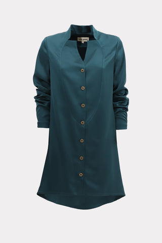 Long Satin Button-Down Blouse Emerald