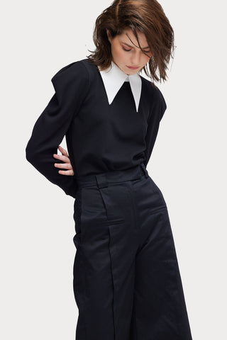 Long Sleeve Blouse With Contrast Collar Black - Julia Allert