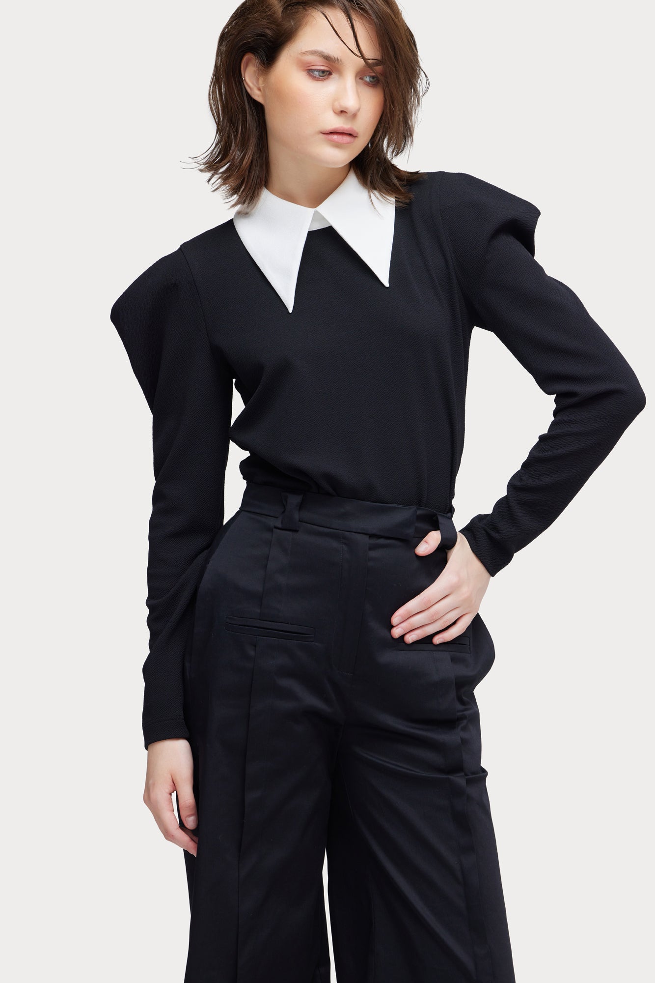 Long Sleeve Blouse With Contrast Collar Black L Long Sleeve Blouse With Contrast Collar Black L