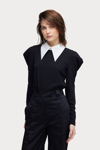 Long Sleeve Blouse With Contrast Collar Black