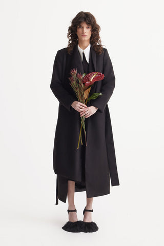 Long Wrap Coat With Drape Collar Black - Julia Allert