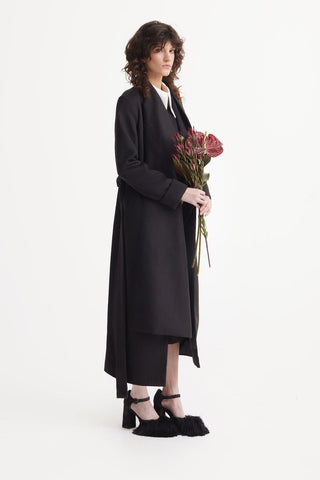 Long Wrap Coat With Drape Collar Black - Julia Allert