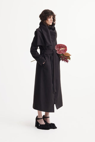 Long Wrap Coat With Drape Collar Black - Julia Allert