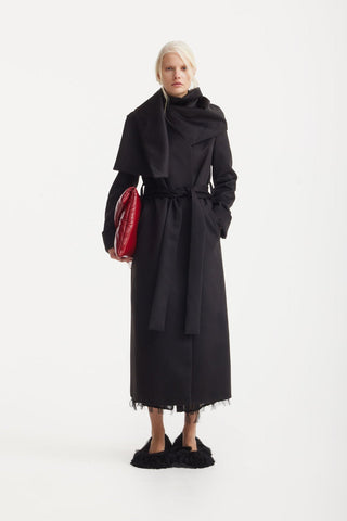 Long Wrap Coat With Drape Collar Black - Julia Allert