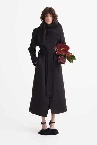 Long Wrap Coat With Drape Collar Black