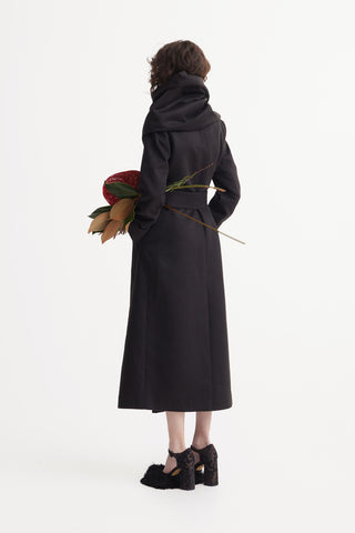 Long Wrap Coat With Drape Collar Black