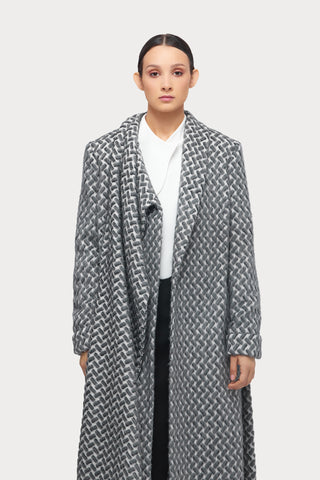 Long Wrap Coat With Drape Collar Textured Pattern