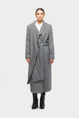 Long Wrap Coat With Drape Collar Textured Pattern