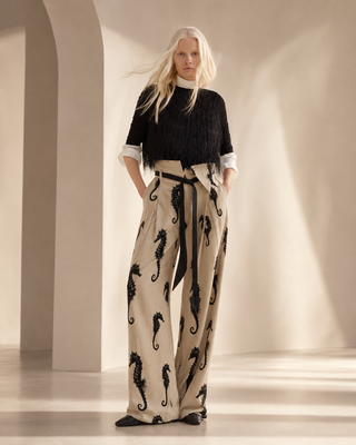 Light Beige Seahorse Print Wide Leg Trousers With Belt – Capsule Edition