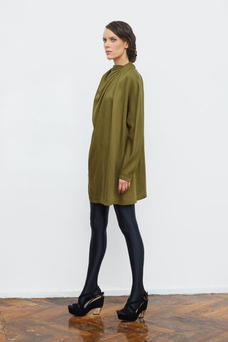 Loose-Fit Mini Dress With Draped Neckline Satin Olive