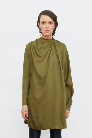 Loose-Fit Mini Dress With Draped Neckline Satin Olive