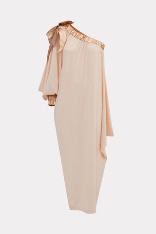 Luxury Elegance One-Sleeve Long Dress Rib Knit Peach Gold
