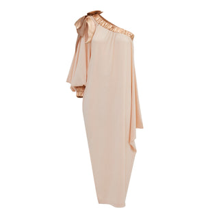 Luxury Elegance One-Sleeve Long Dress Rib Knit Peach