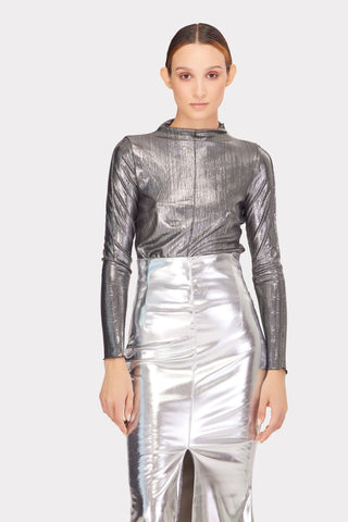 Mermaid Faux Leather Midi Skirt With Slit Silver